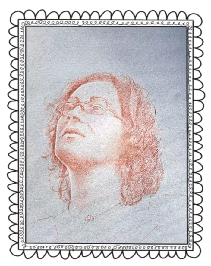 ritratto di ragazza con occhiali con matita sanguigna su cartoncino colorato - Gabriele Fastame 3281633565